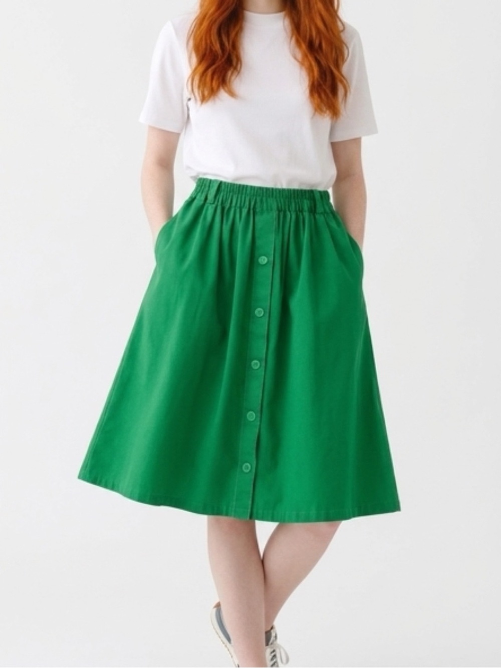 Green Button-Front A-Line Skirt